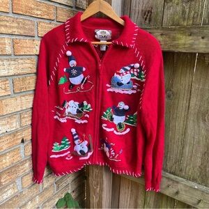 Tiara Red Festive Christmas Holiday Cardigan w/ Embroidered Snowmen